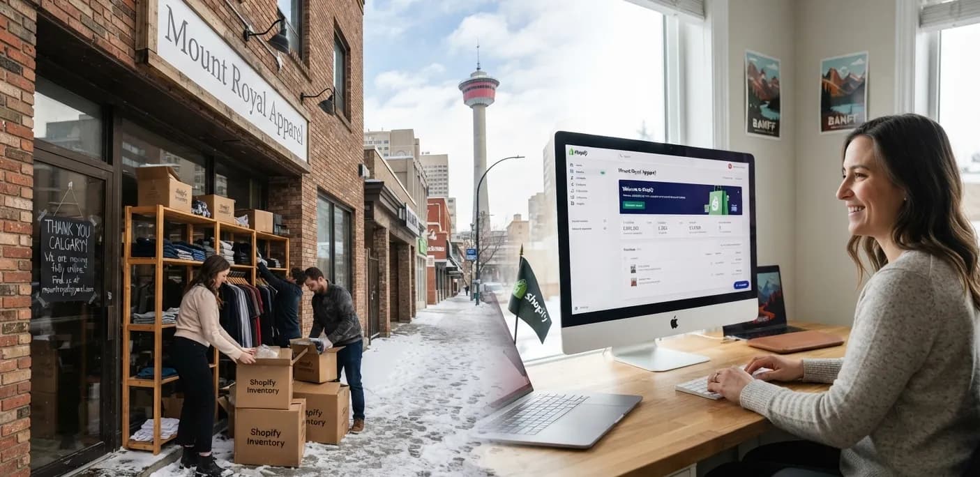 A Calgary apparel shop on a snowy street beside a retailer managing the same catalogue in Shopify, with the Calgary Tower in the background.