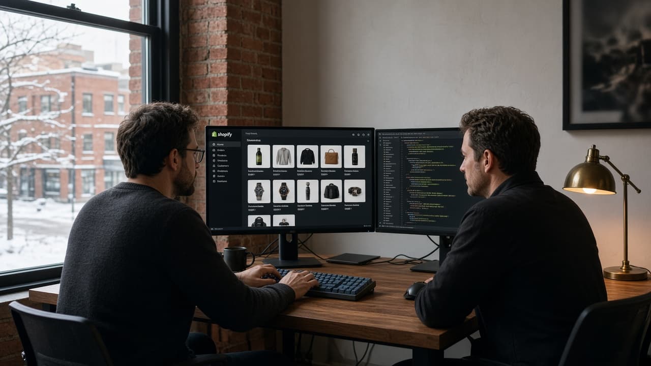 Two developers at a Calgary IT agency review a Shopify product catalogue on one monitor and code on the other, with snow on the street outside.